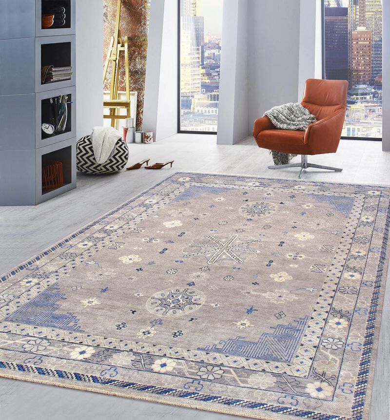 Pasargad Home Khotan Hand-Knotted Silver Wool Area Rug- 9' 1'' X 12'11''