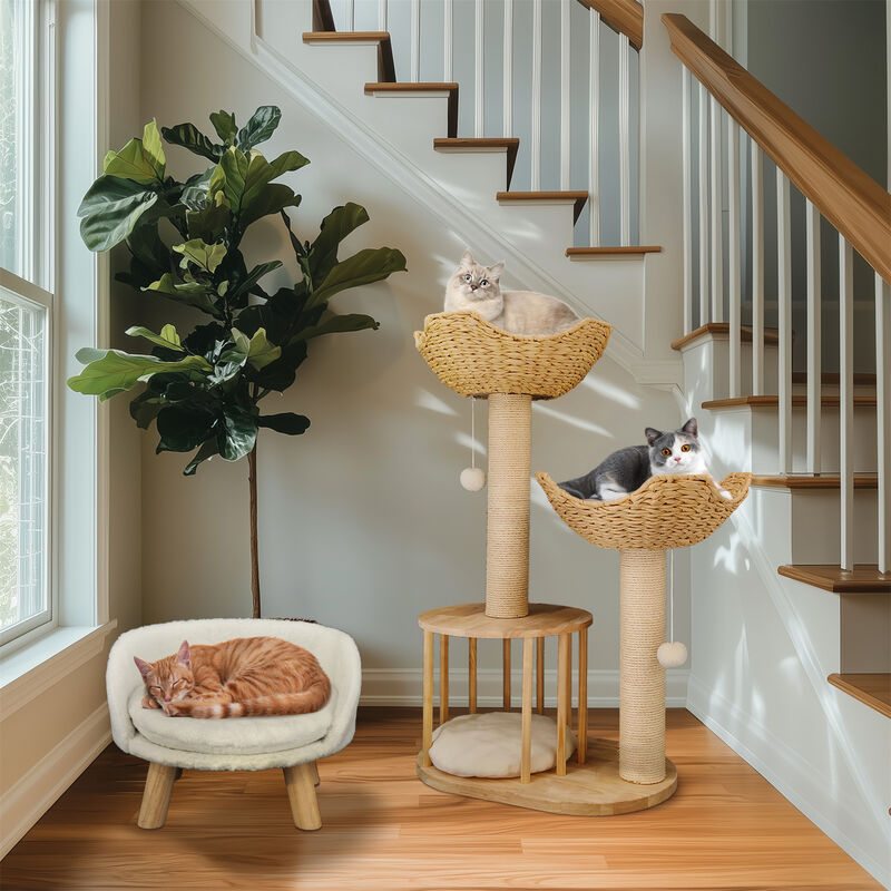 Wood Cat Tree Cat Tower for Indoor Cats w/Scratching Post Perches Hammock Condo image number 9