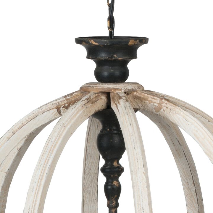 24 Inch 4 Light Chandelier, Round Fir Wood Frame, Iron, Antique White Black-Benzara