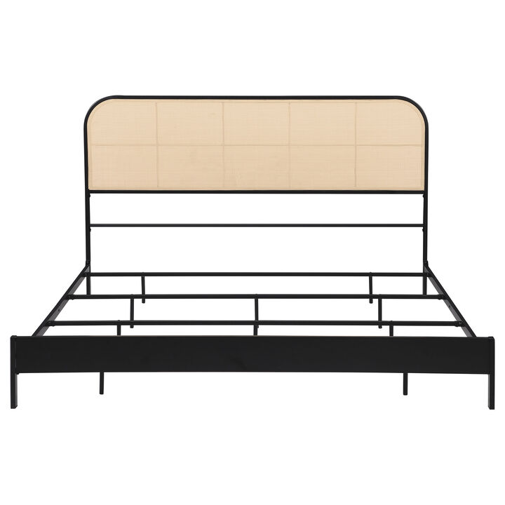 Ammy King Bed, Radio Weave Headboard, Brown Faux Rattan, Black Metal  - Benzara