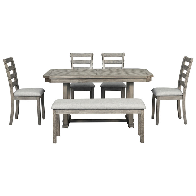 Whisen 6-Piece Rubber Wood Dining Table Set with 4 Chair and 1 Bench - Natural Wood Wash