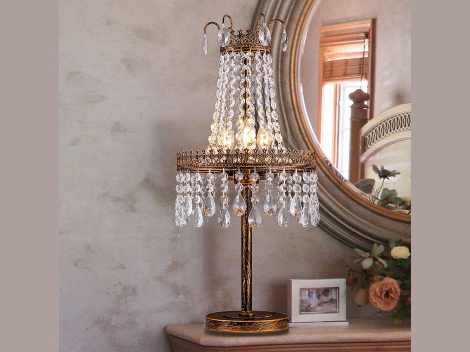 3 Light Crystal Table Lamp Antique Bronze 28 Inch Bedside Living Room Lamp