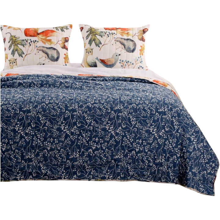 3-Piece Birds, Animals, and Floral Microfiber Reversible Quilt Set, Soft Bedding