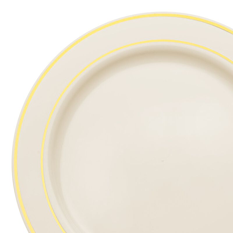 10.25" Ivory with Gold Edge Rim Plastic Dinner Plates (120 Plates) image number 8