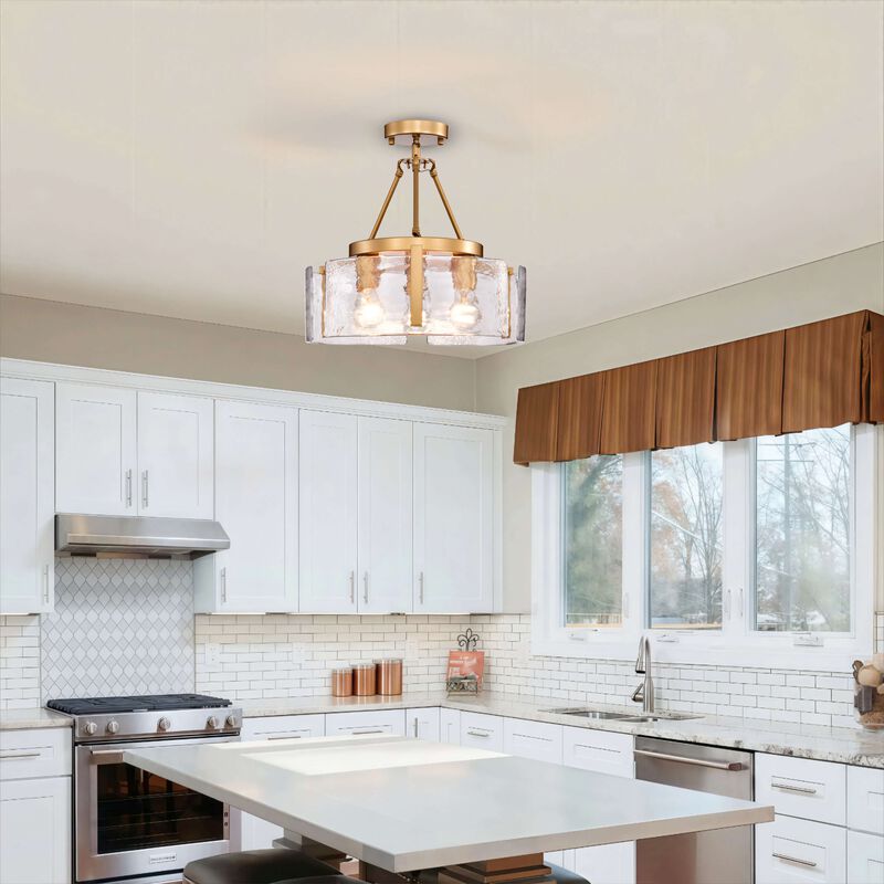 Cintia Gloss Brass 3-Light Water Textured Glass Panel Drum Semi Flush Mount image number 5
