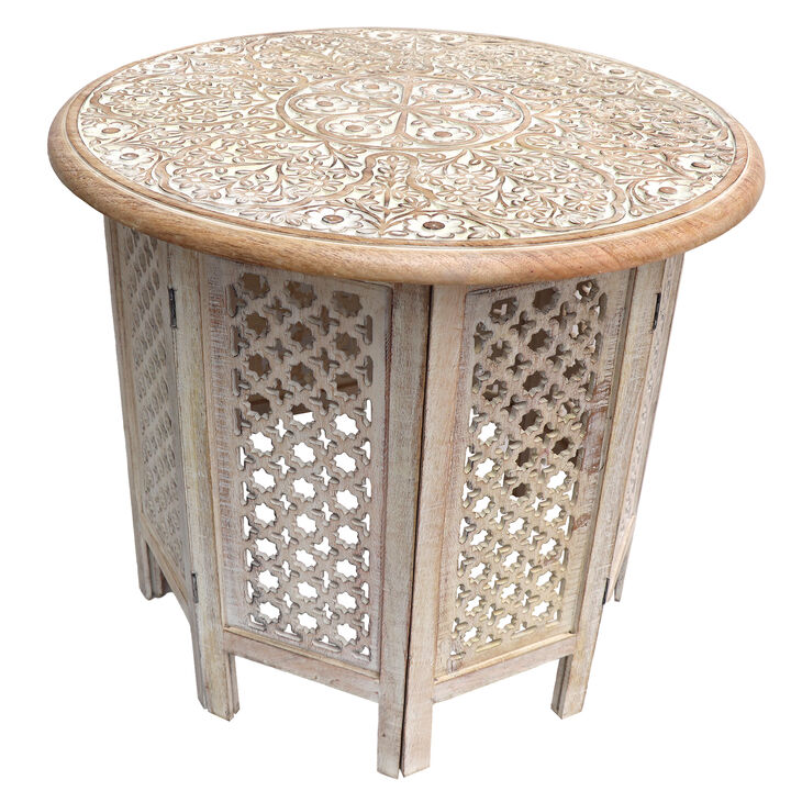 Mesh Cut Out Carved Mango Wood Octagonal Folding Table with Round Top, Antique White and Brown-Benzara