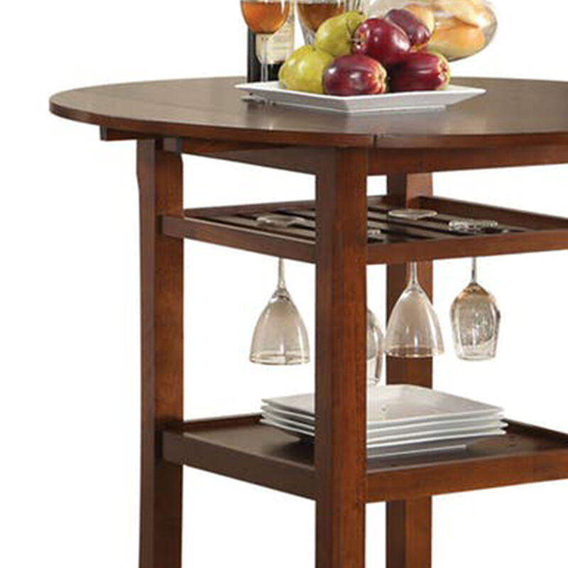 Round Top Wooden Counter Table with Stemware Rack and 2 Drop Leaves, Brown
