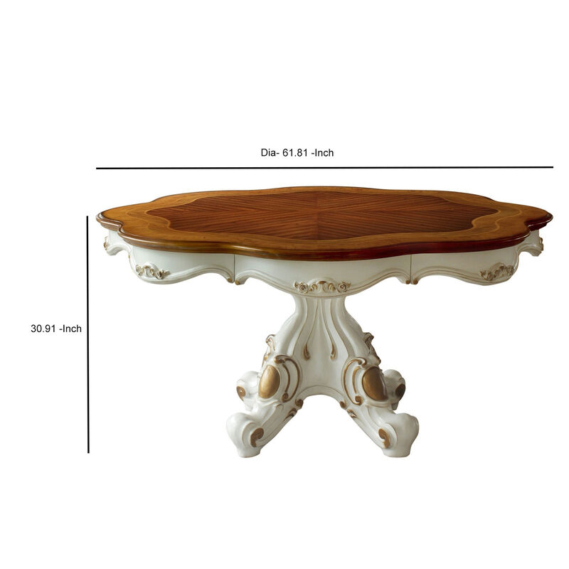 Wooden Top Dining Table With Pedestal Feet, Antique Pearl & Cherry Oak - Benzara