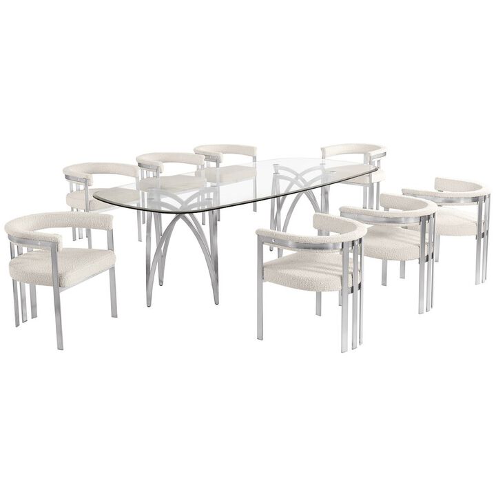Best Quality Furniture 9Pc Tempered Glass Dining Table Set With 8 Cream With Matte Silver Side Chairs