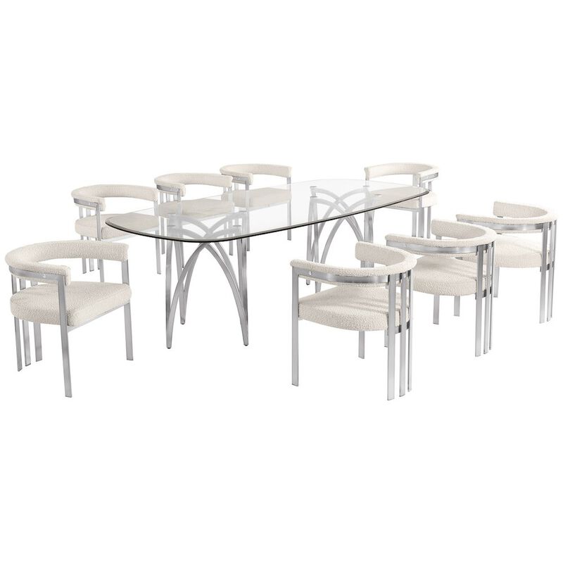 Best Quality Furniture 9Pc Tempered Glass Dining Table Set With 8 Cream With Matte Silver Side Chairs