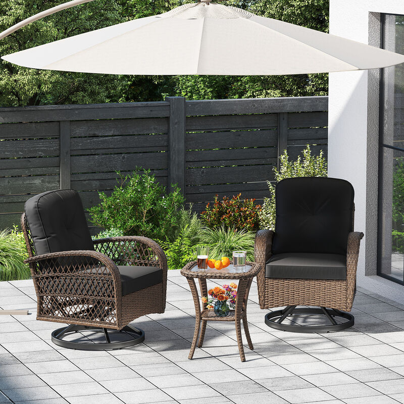 3 Piece Patio Swivel Rocker Set with Tempered Glass Side Table and Thick Cushions image number 5
