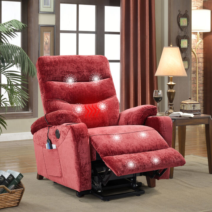 Electric Power Lift Recliner Chair with Massage and Heat for Elderly, 3 Positions, 2 Side Pockets, Cup Holders, USB Charge Ports, High-end Quality Cloth Power Reclining Chair For Living Room.