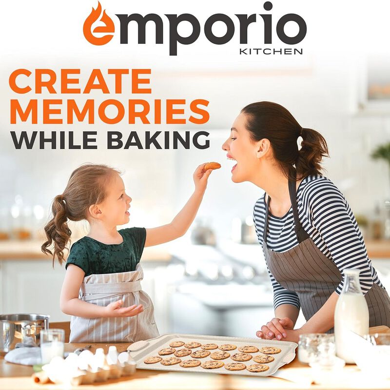 Baking Pan Set - Nonstick Coating, Carbon Steel Bakeware Set with White Silicone Handle, PFOA, PFOS, PTFE Free, Recipe Booklet Included, Oven Safe Tray (Up To 450&deg; F), Set of 3 - White