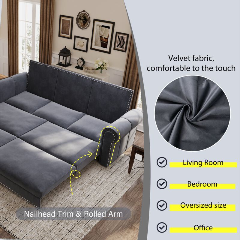 Whisen 93.7" King Pull Out Sleeper Sofa, 3-in-1 Convertible Sleeper with Nailhead Trim, Velvet for Living Room image number 7