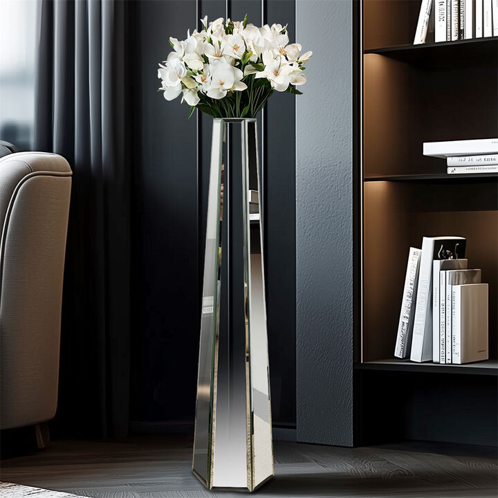 Large Vases Floor Standing Mirrored Luxury Tall Thin Vase Silver Glass Art Decor
