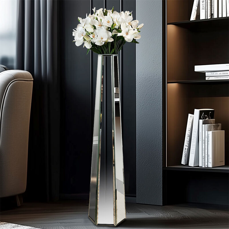 Large Vases Floor Standing Mirrored Luxury Tall Thin Vase Silver Glass Art Decor image number 1
