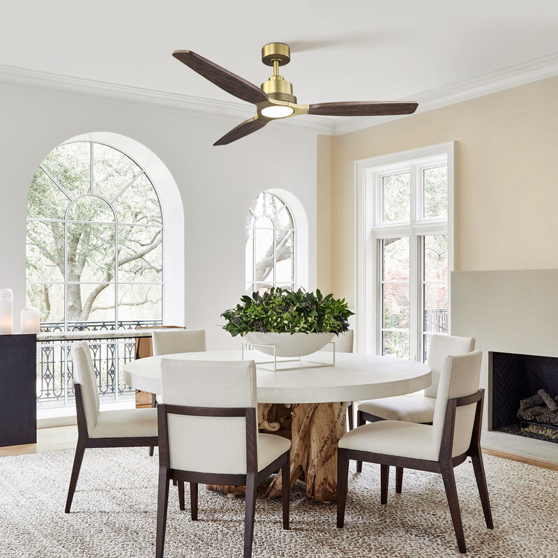 56 in. Soft Brass Dimmable Solid Wood Blades Ceiling Fan with LED Light and Remote