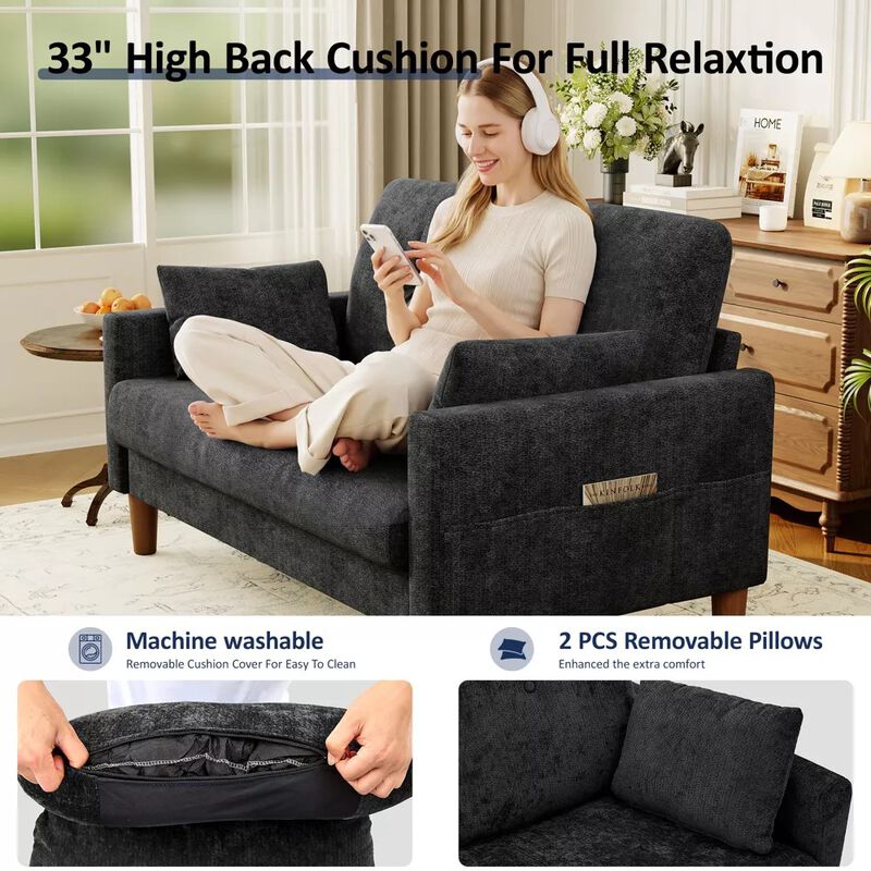 Vipbear 48" Chenille Loveseat Sofa for Small Spaces &ndash; 2-Seater Couch with Deep Seat, Side Pocket image number 6