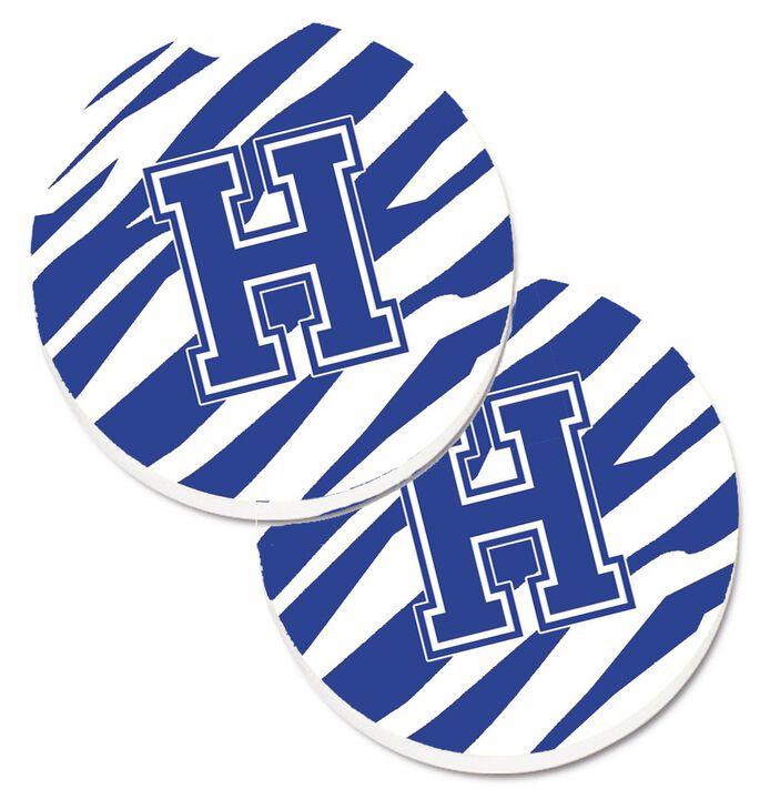 Caroline's Treasures Monogram Initial H Tiger Stripe Blue & White Set of 2 Cup Holder Car Coasters CJ1034-HCARC, 2.56, Multicolor