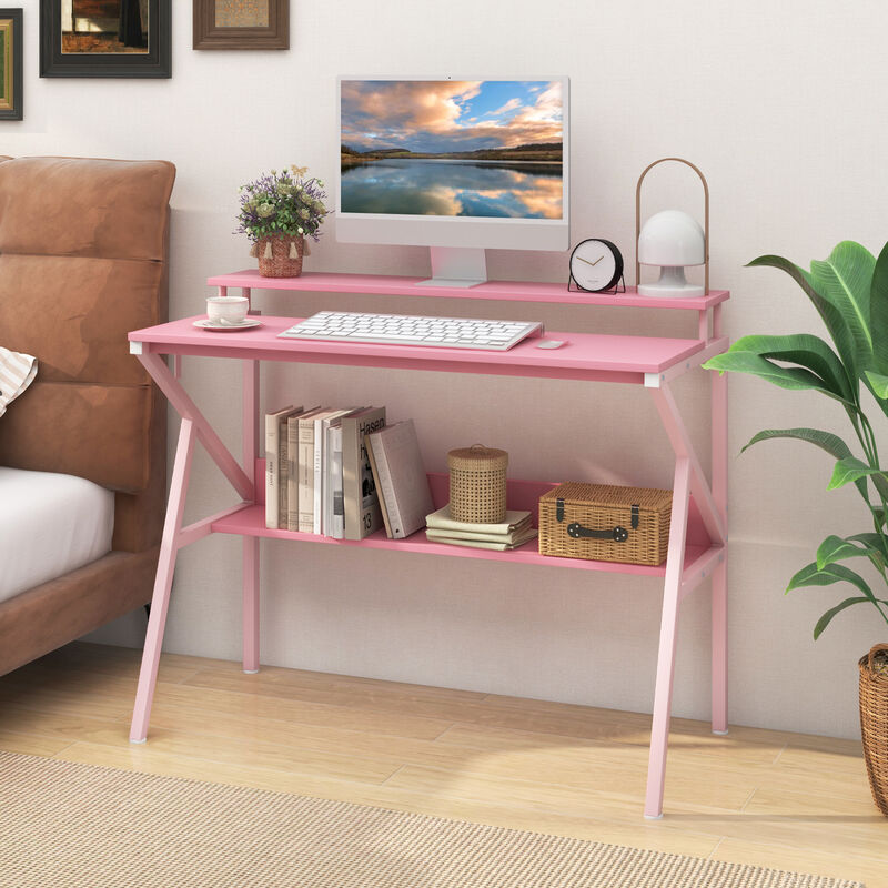 Small Space Computer Desk with Monitor Stand and Storage Shelf for Work and Study image number 1
