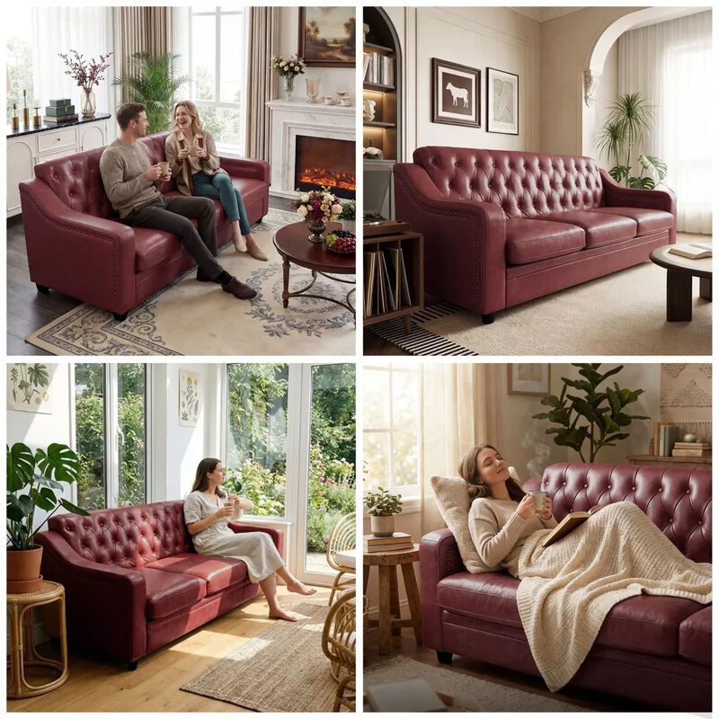 Vipbear 78.7" Chesterfield Faux Leather Sofa, 3 Seater Brown PU Couch Nailhead Trim for Living Room image number 4