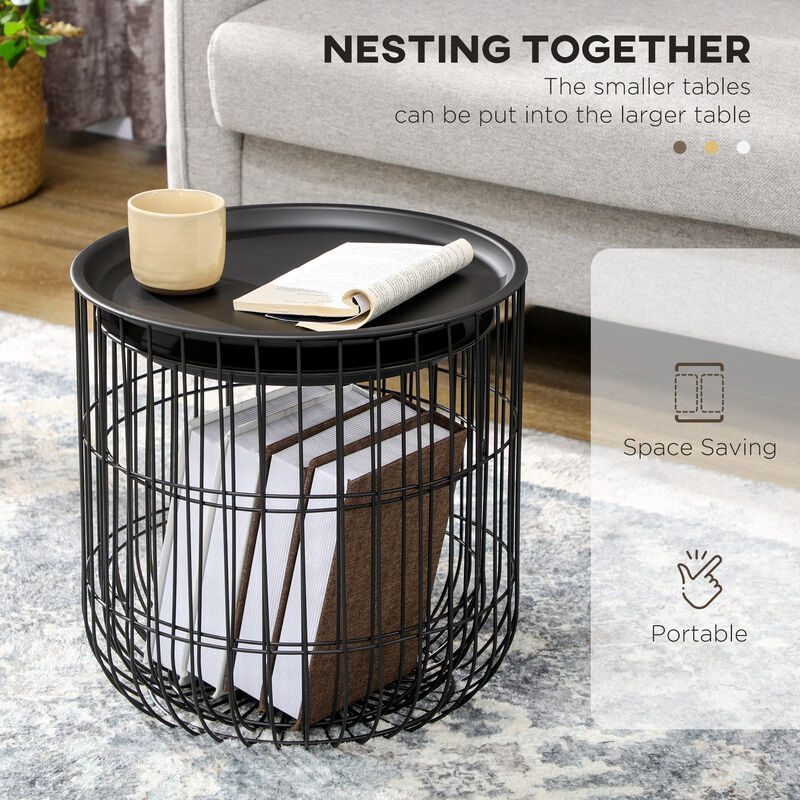 HOMCOM Nesting Coffee Tables, Round Coffee Table Set of 2 with Steel Wired Basket Body and Removable Top, Stacking End Tables Blanket Storage for Living Room, Black