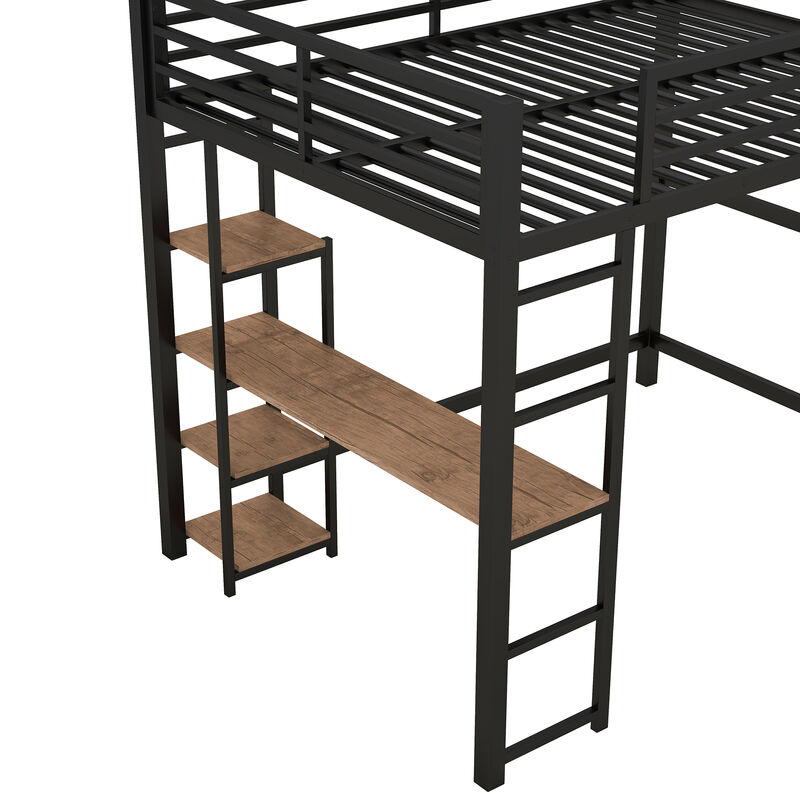 Merax Metal Loft Bed with Built-in Desk and Storage Shelves