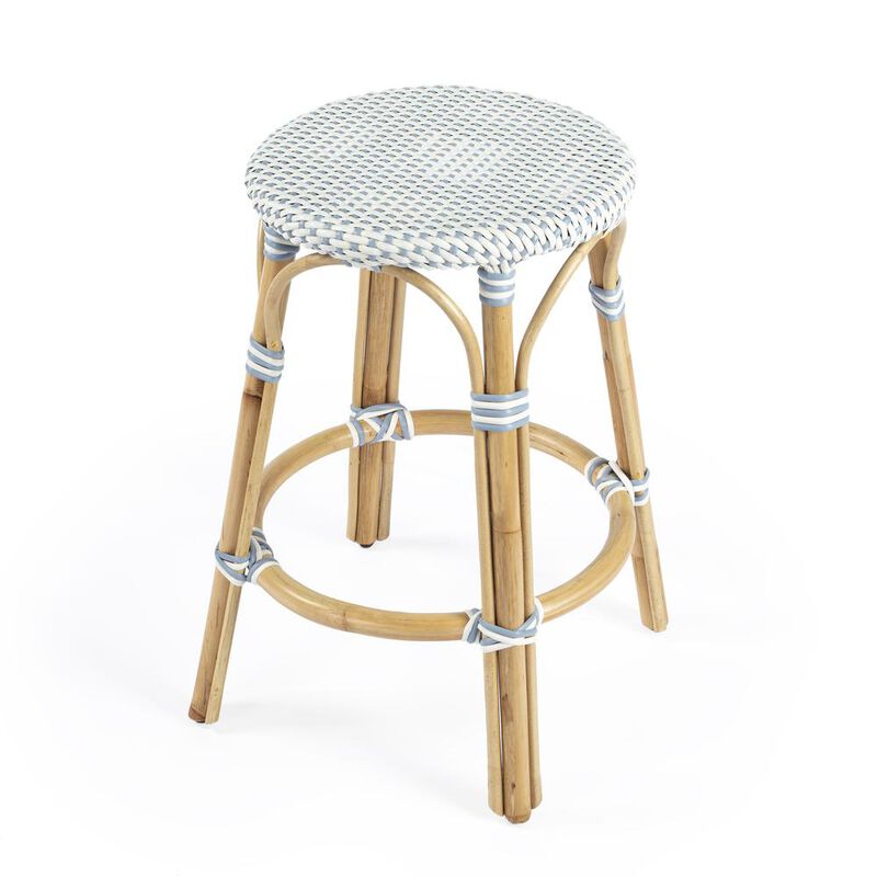 Butler Specialty Tobias Rattan Round 24 Counter Stool, White and Sky Blue Dot