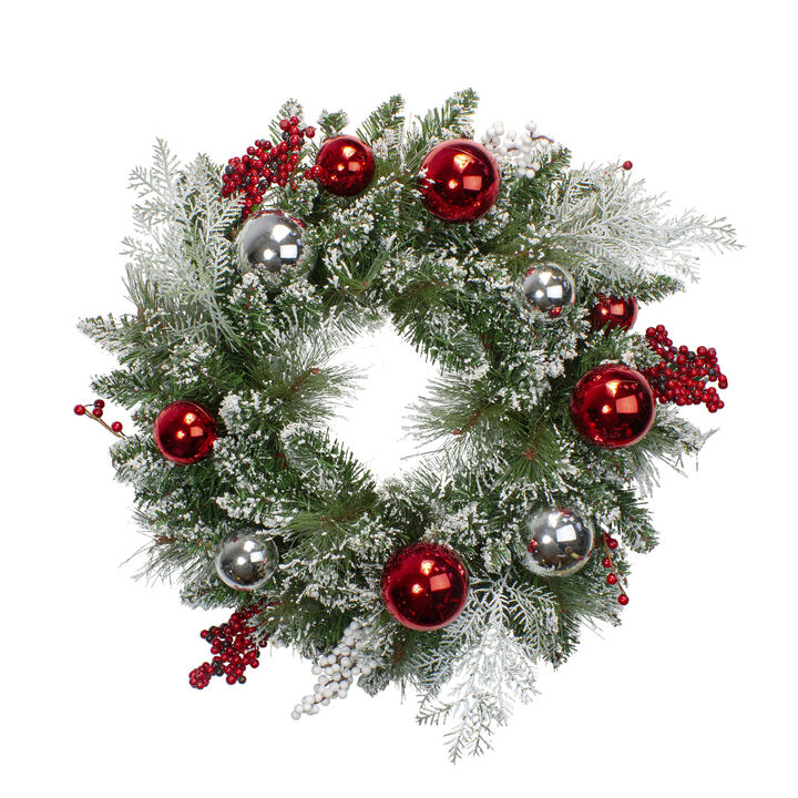 Flocked Mixed Pine with Ornaments and Berries Artificial Christmas Wreath  24-Inch  Unlit