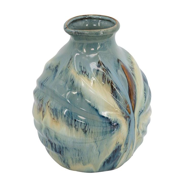 HomeRoots 11" Blue Beige And Brown Abstract Round Ceramic Table Vase