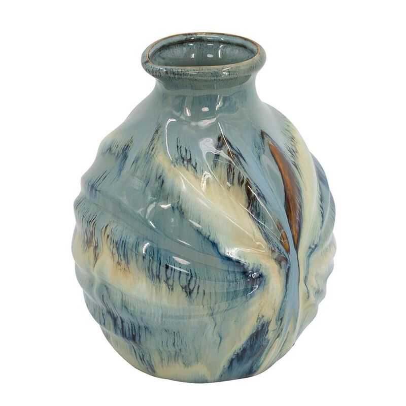 HomeRoots 11" Blue Beige And Brown Abstract Round Ceramic Table Vase image number 0
