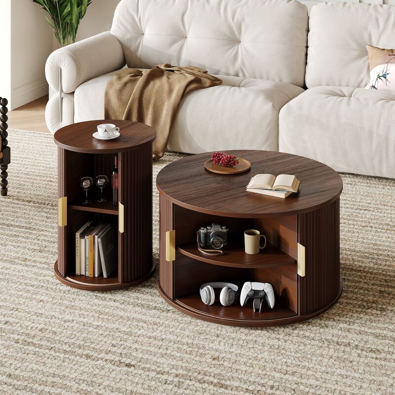 Mid Century Coffee Table Set with Sliding Tambour Door Fluted Round End Table with Storage image number 3