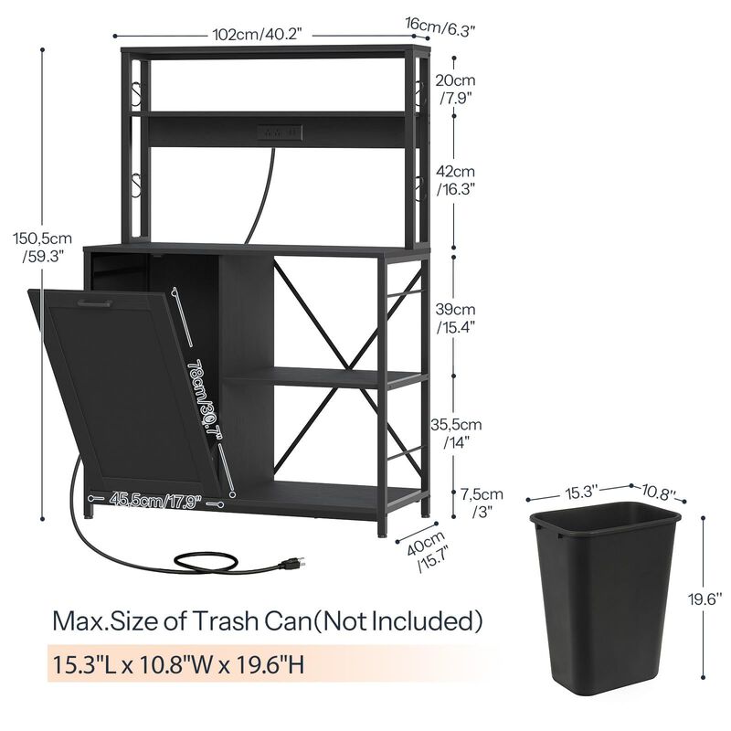 5 Tier Kitchen Bakers Rack with Microwave Shelf and Trash Bin Cabinet-Black image number 2