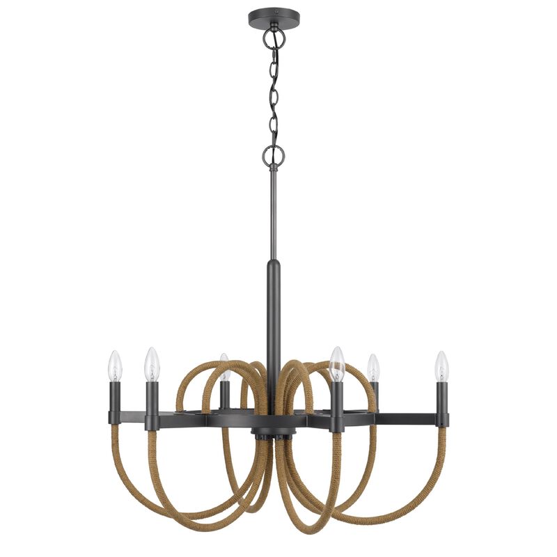6-Light Candelabra Chandelier with Burlap Rope, Black Metal, 31 Inch image number 3