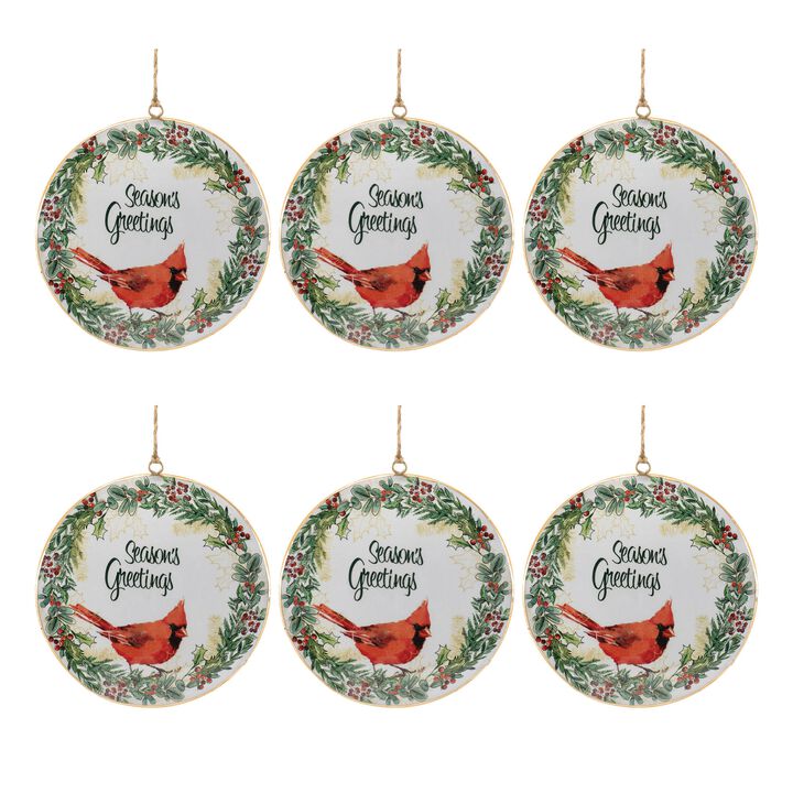 Holiday Disc Ornaments Set of 6 Featuring Cardinals and Seasons Greetings Text