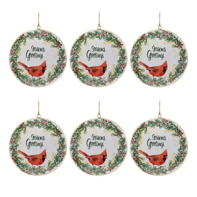 Holiday Disc Ornaments Set of 6 Featuring Cardinals and Seasons Greetings Text
