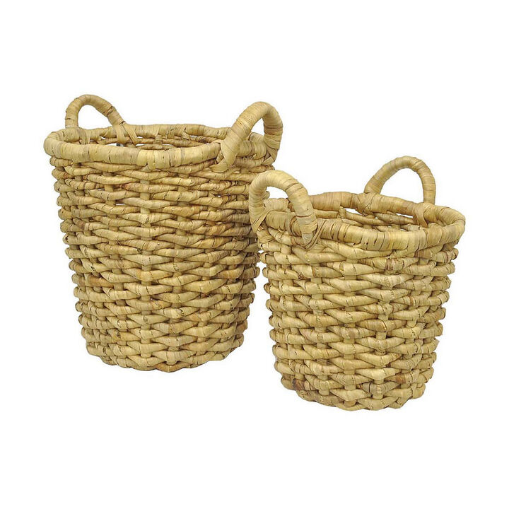 Decorative Basket Set of 2, Natural Fiber Water Hyacinth, Brown Finish - Benzara