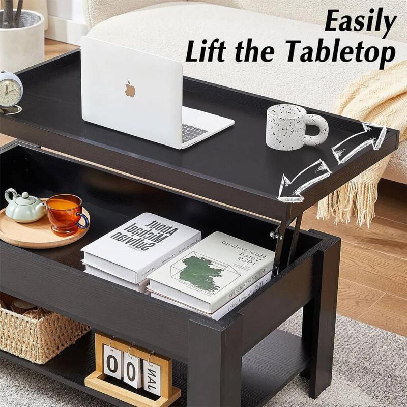 Hivvago Modern Lift Top Coffee Table Laptop Tray with Storage Shelf in Black Wood Finish