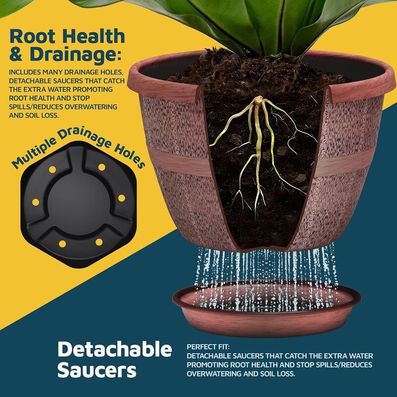 10-Inch Whiskey Barrel Planters Outdoor Pack of 20 - Durable Plastic Plant Pots for Indoor & Outdoor Use with Drainage & Saucer, Lightweight Rustic Barrel Planters for Flowers, Herbs & Small Plants image number 3