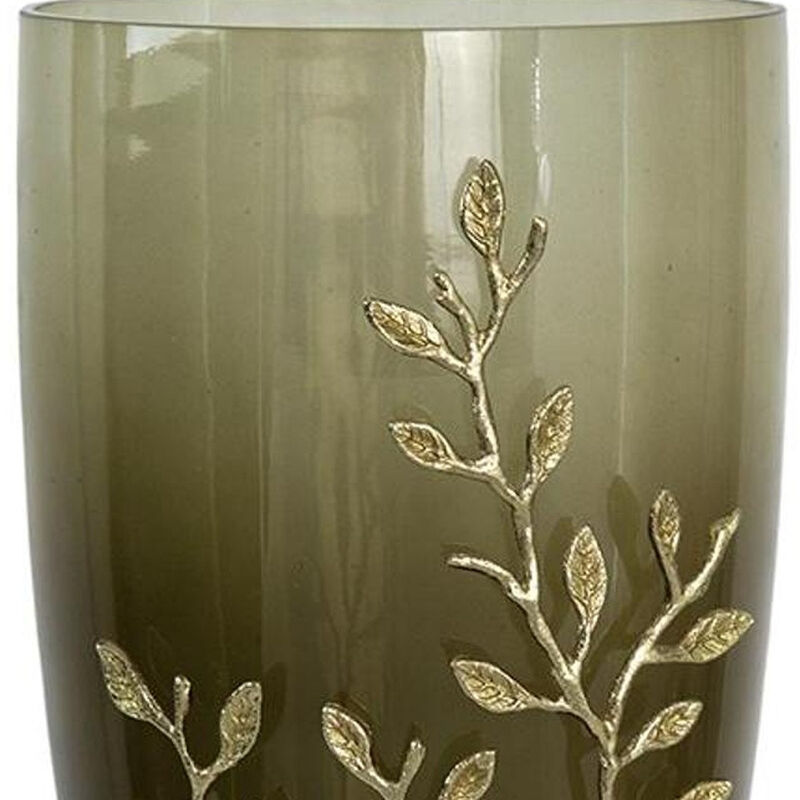 HomeRoots 15" Dark Olive Green And Gold Branch Patterned Glass And Aluminum Table Vase image number 5