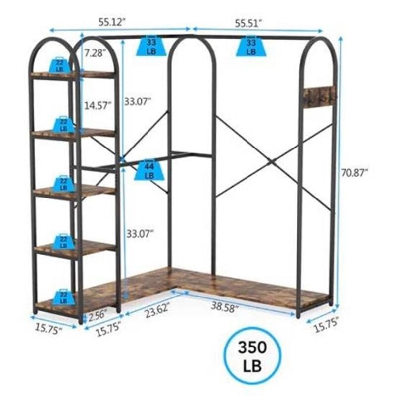 Freestanding L-Shaped Garment Rack – Corner Clothing Storage with Shelves and Rods