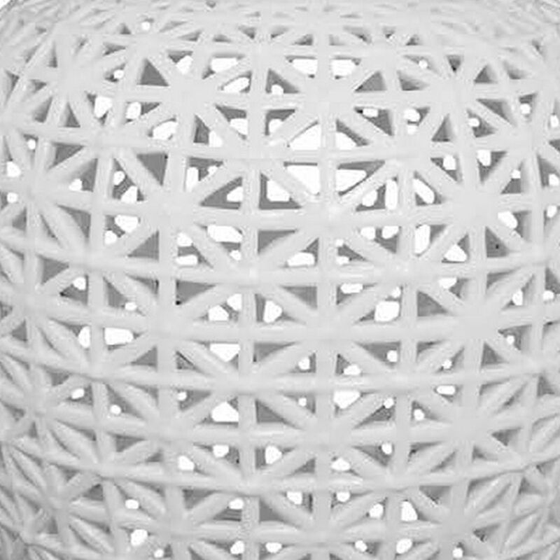 Paul 34 Inch Pierced Temple Jar with Lid, Intricate Pattern Ceramic, White - Benzara