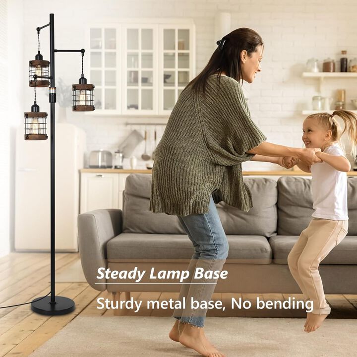 ELEMENT ACE Dimmable 3-Light Industrial Farmhouse Floor Lamp with Metal Cage Shades, Sturdy Stable Base for Living Room, Bedroom, Office, Study, Bar and More