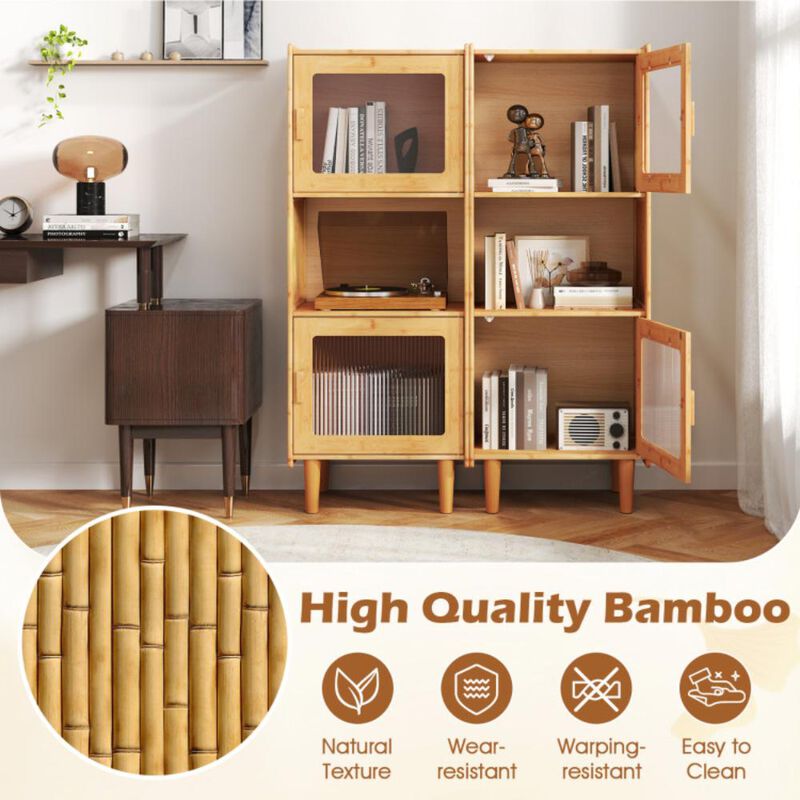 Hivvago 3-Cube Bamboo Storage Cabinet with Open Compartment and 2 Acrylic Doors