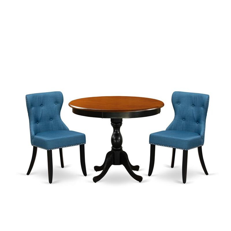 East West Furniture 3-Pc Dining Table Set Contains a Wood Dining Table and 2 Blue Linen Fabric Mid Century Modern Chairs with Button Tufted Back - Black Finish