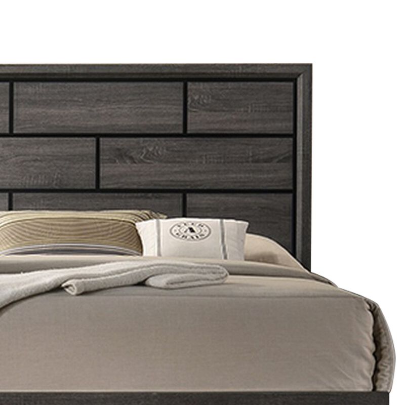 Mazie Queen Bed, Brick Style Headboard, Black Tapered Legs, Oak Gray Wood - Benzara image number 3