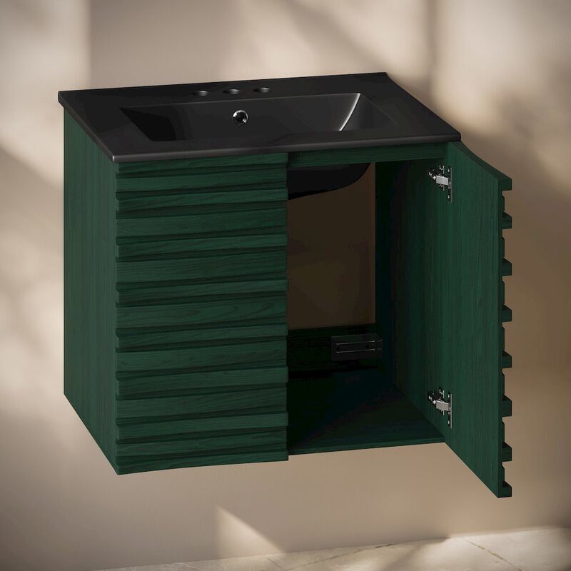 24" Wall-Mounted Bathroom Vanity in Green Oak, Black 3-Hole Centerset Sink Top image number 3