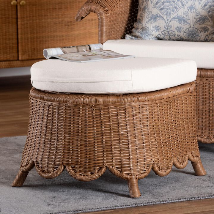 bali & pari Detta Natural Rattan Footstool with Cushion - Handwoven Wicker Ottoman with Scalloped Skirt Base for Coastal Lounge or Sunroom Seating