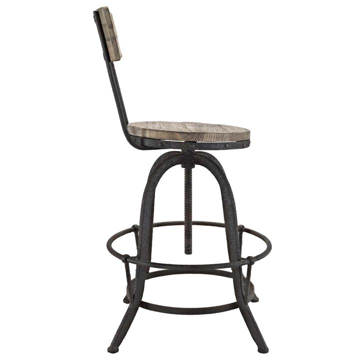 Modway Procure Industrial Modern Wood and Iron Adjustable Height Swivel Bar Stool in Brown
