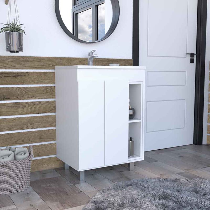 DEPOT E-SHOP Acra Free Standing Vanity, Two Interior Shelves, Two External Shelves, Double Door Cabinet, White